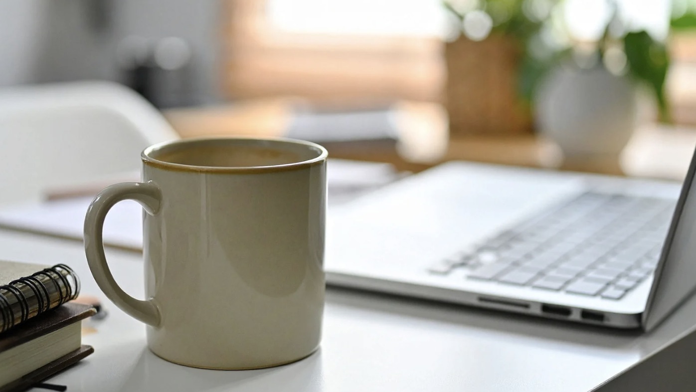 Cream coffee mug beside an open laptop on a soft desk surface with a plant